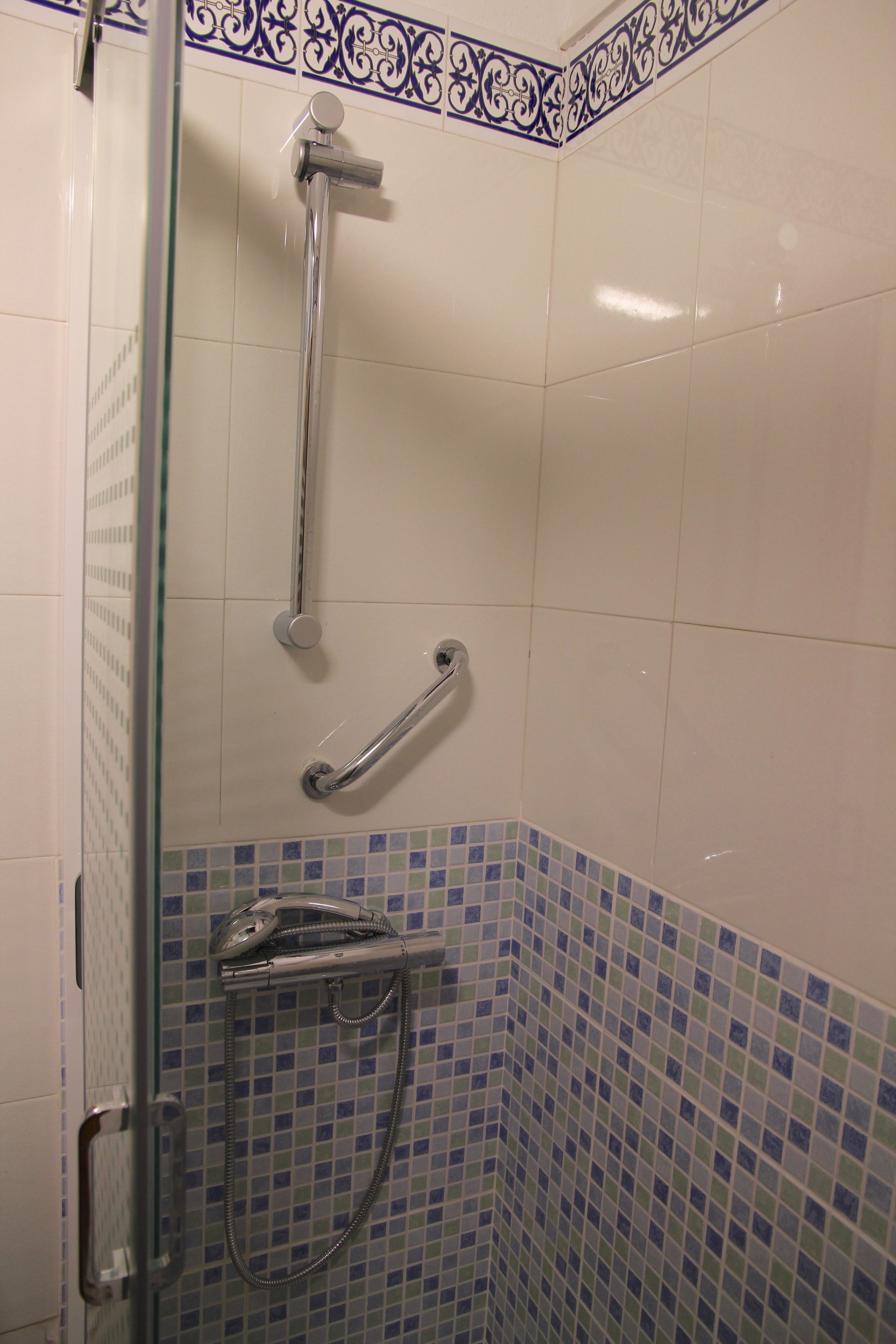 A shower with a glass door, a handrail, and a tiled wall with a decorative border.