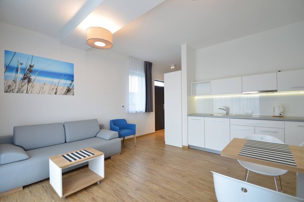 A modern living room with a sofa, a coffee table, and a dining area with a table and chairs.