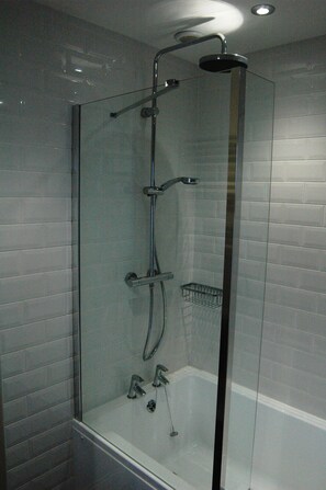 Combined shower/bathtub, hair dryer, towels, soap