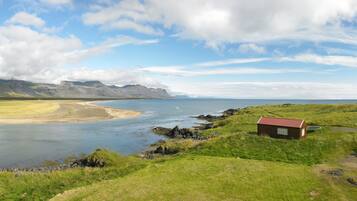 A coastal landscape with a small cabin, a dock, and a grassy area.