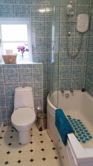 Combined shower/bathtub, hair dryer, towels, soap