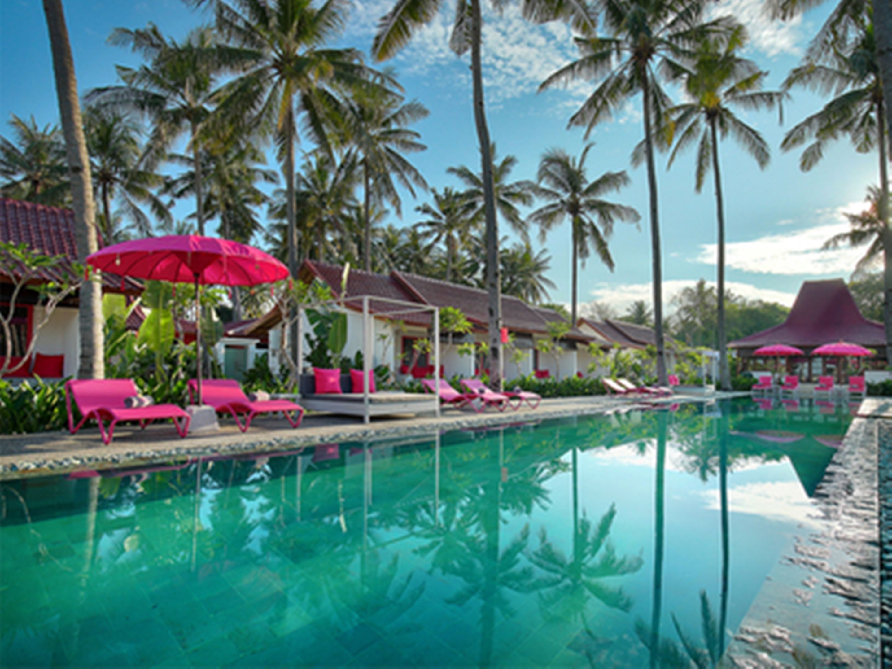 A pool area with lounge chairs and umbrellas, surrounded by palm trees.