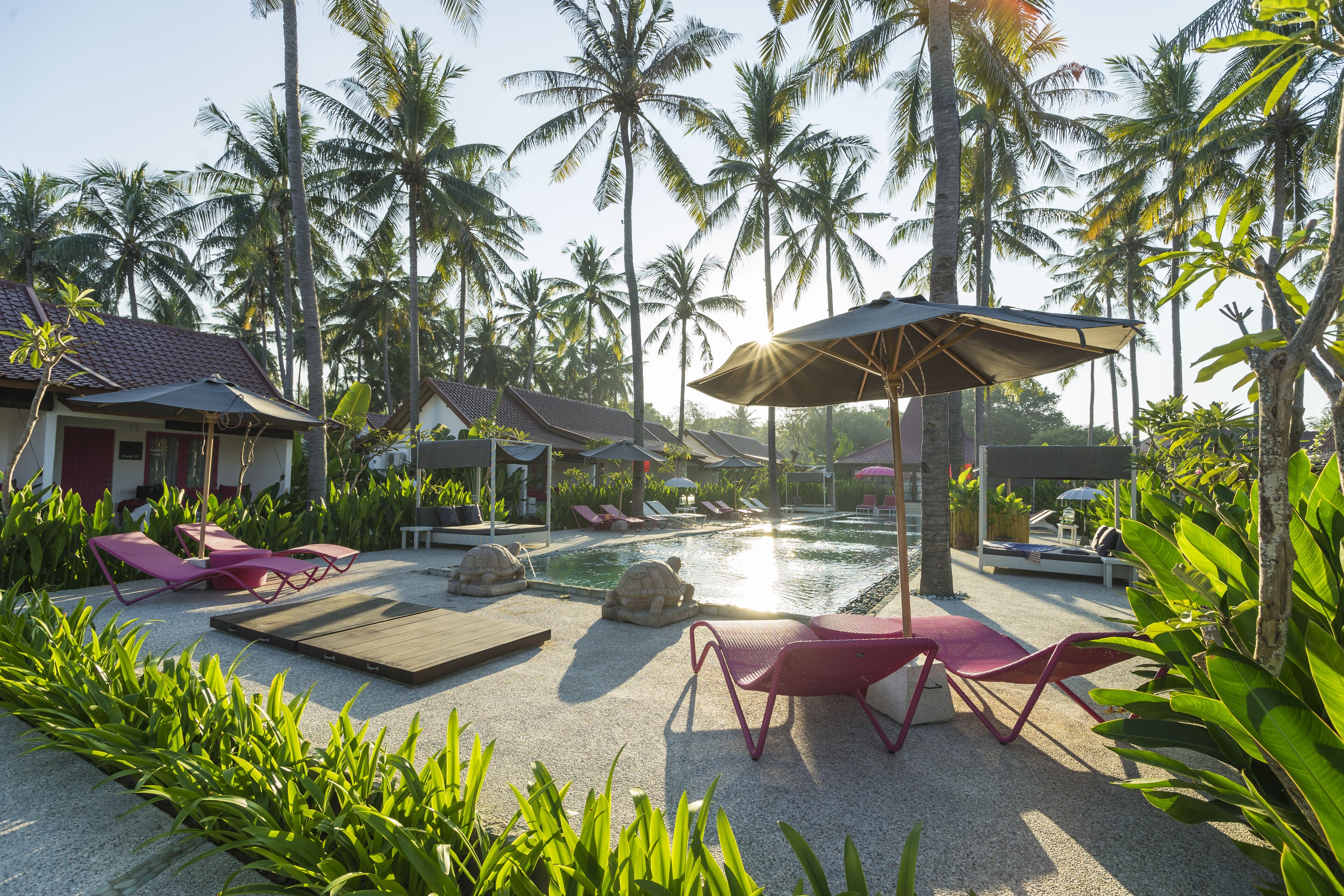 A resort pool area with lounge chairs, umbrellas, and palm trees.
