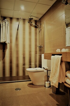 Douche, articles de toilette (gratuits), séchoir à cheveux, bidet