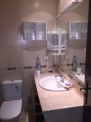 Un baño con inodoro, lavabo, espejo y armarios para guardar.