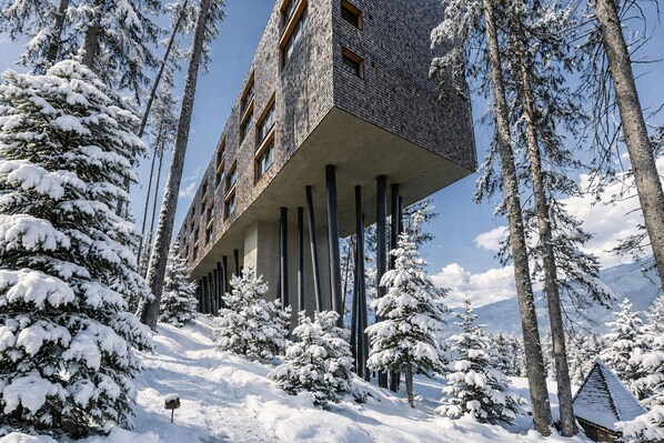 Un edificio moderno con una estructura sobresaliente singular sostenida por pilares, rodeado de árboles cubiertos de nieve y un telón de fondo montañoso.