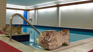 Une piscine avec un escalier en métal, une bouée de sauvetage et de gros rochers.