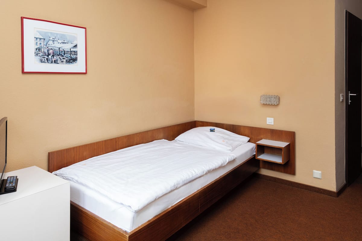 Ein Einzelbett mit Holzrahmen, ein Nachttisch, ein kleines Regal und ein gerahmtes Bild an der Wand.