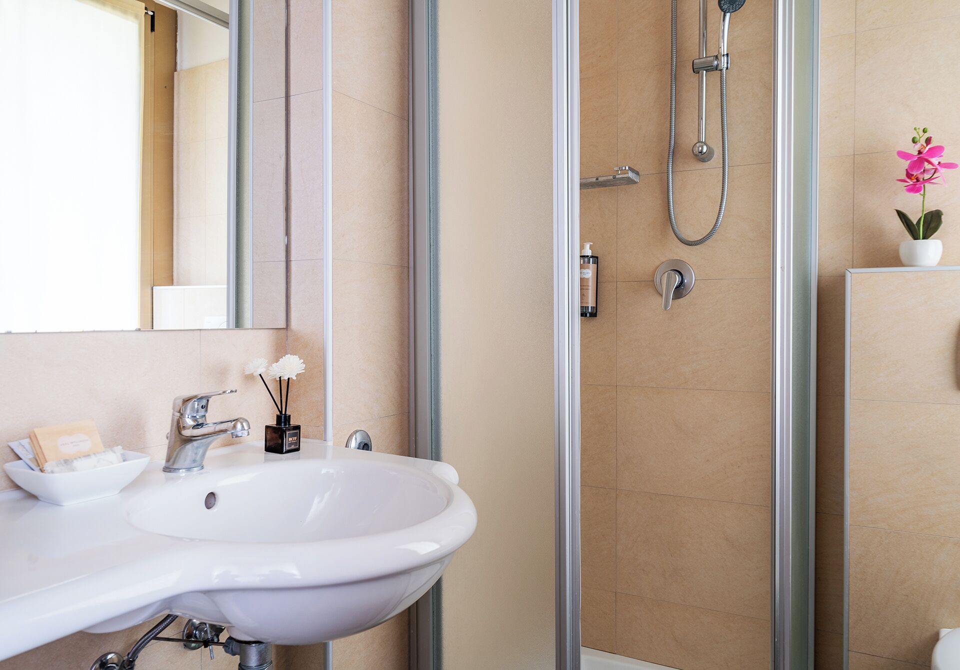 A bathroom with a white sink, a glass shower enclosure, and a potted orchid.