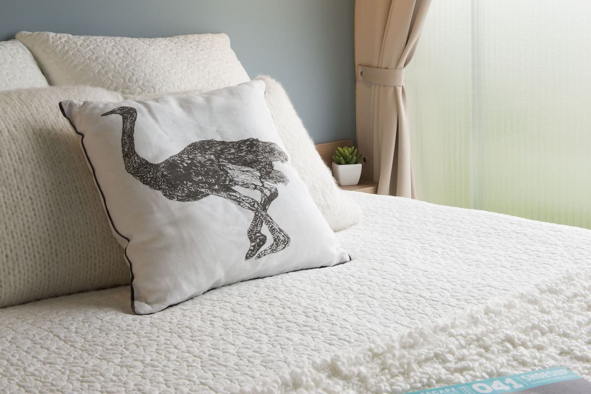 Een net opgemaakt bed met een beklede witte deken, een kussen met een struisvogelprint, en een kleine plant in een pot op een nachtkastje.