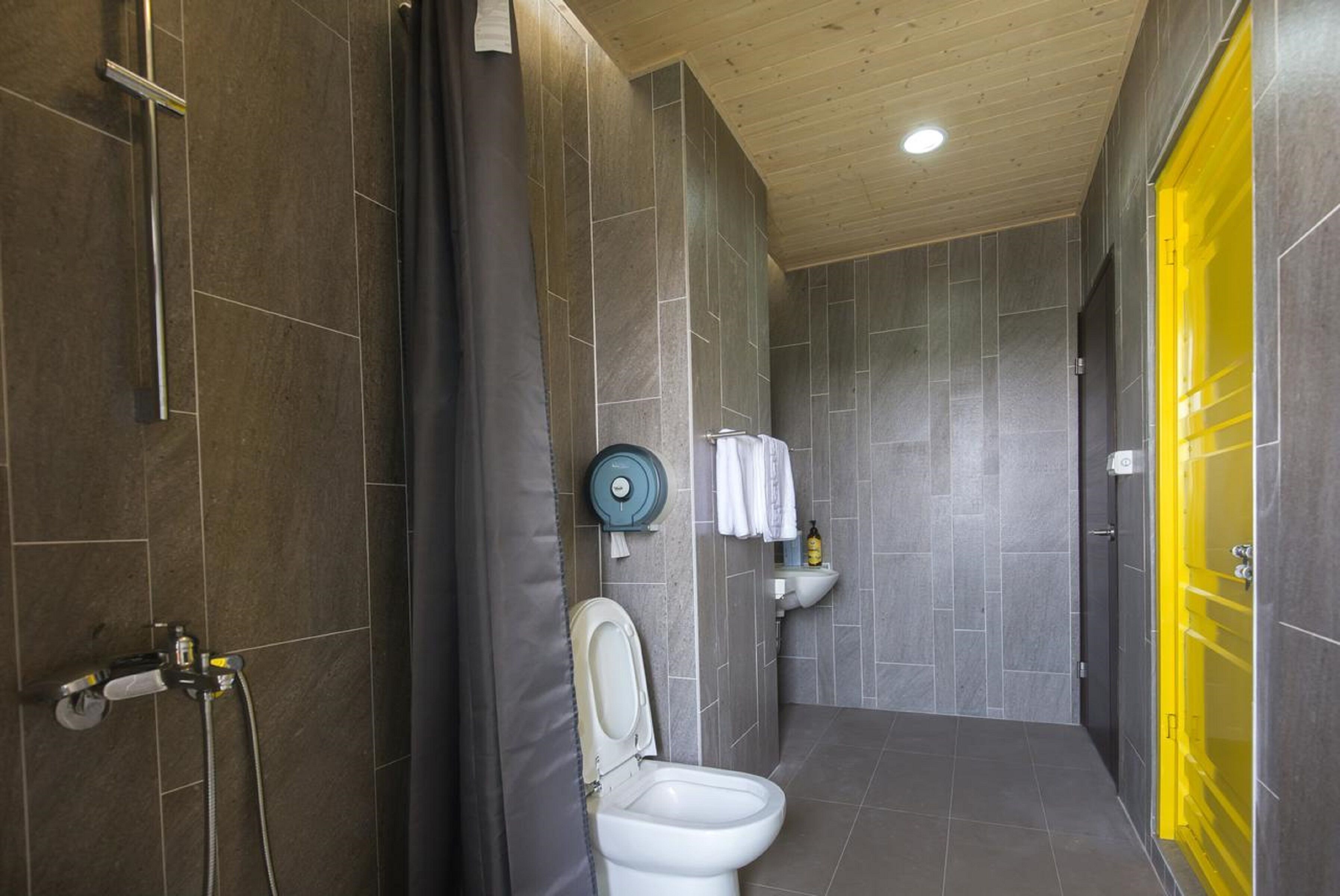 A modern bathroom with a shower, toilet, and sink.
