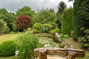 Un jardin avec un étang, différentes plantes et un banc en bois.