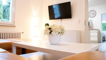 Ferienwohnung 4 im Erdgeschoss mit Garten | Wohnbereich | 45-Zoll-Flachbildfernseher mit Satellitenempfang, Fernseher