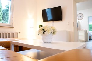 Apartment 4 on the ground floor with garden | Living area | 45-inch flat-screen TV with satellite channels, TV