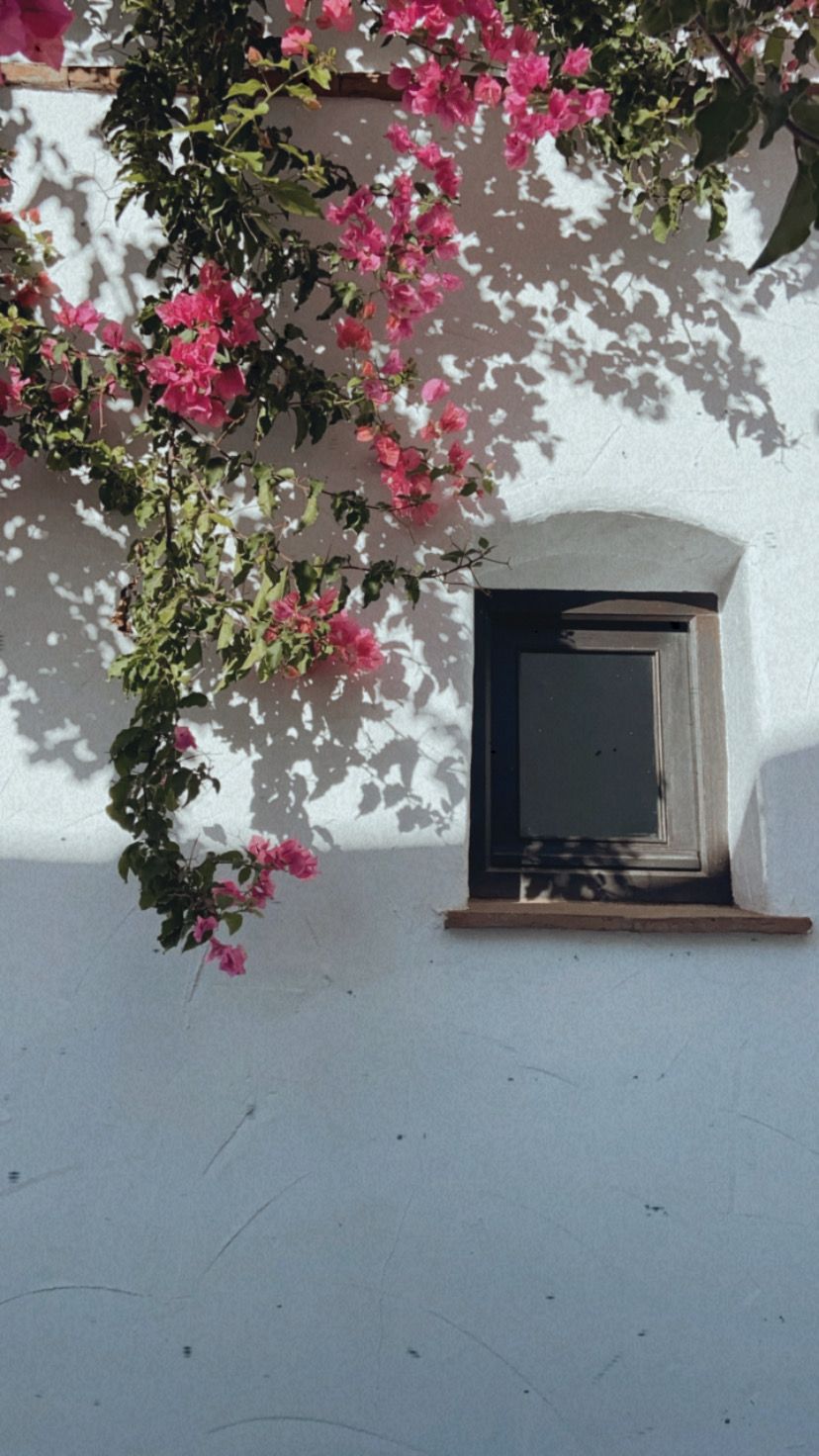 Una ventana pequeña con marco oscuro, empotrada en una pared blanca.