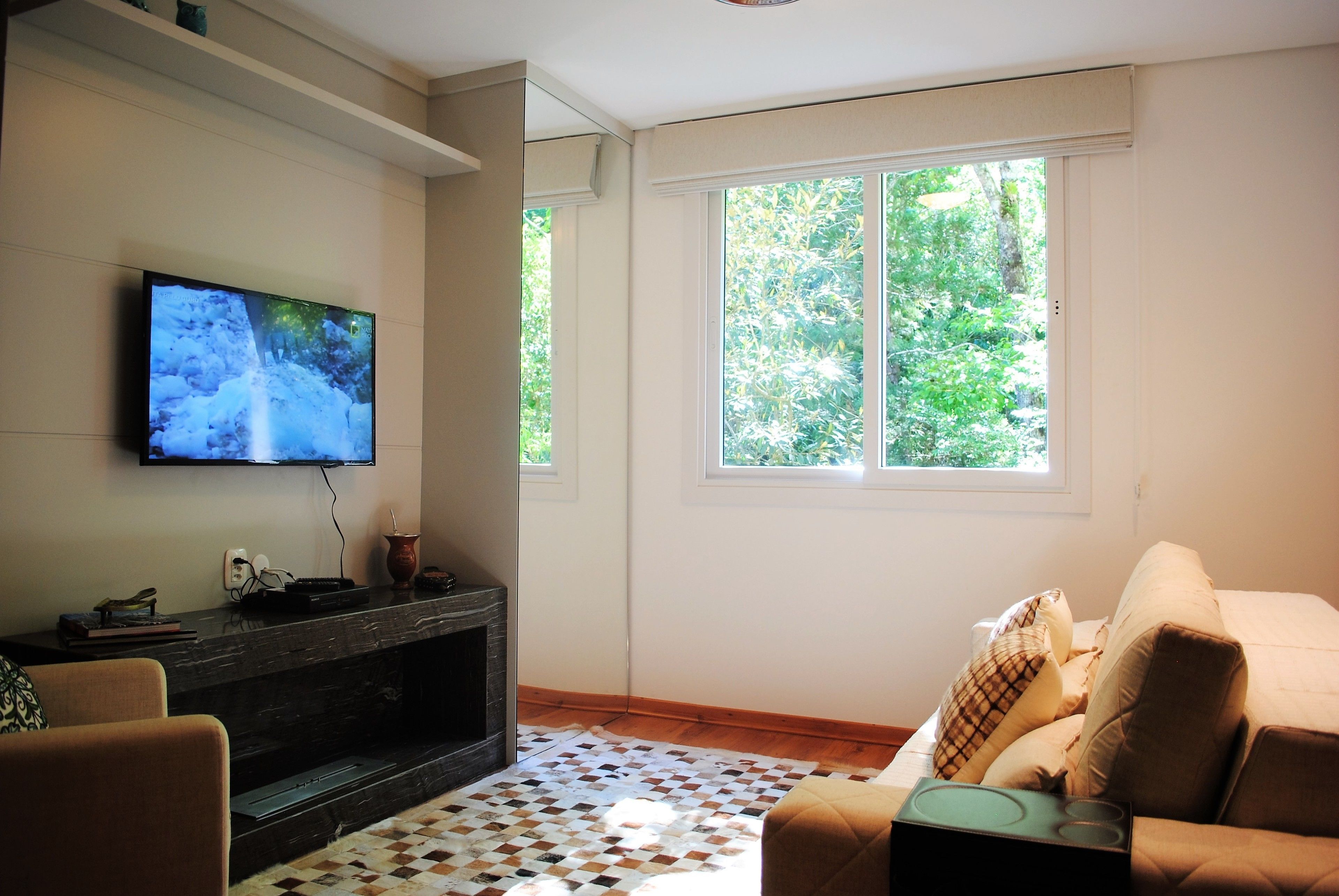 A living room with a flat-screen TV mounted on the wall, a fireplace, a sofa, and a large window with a view of greenery.