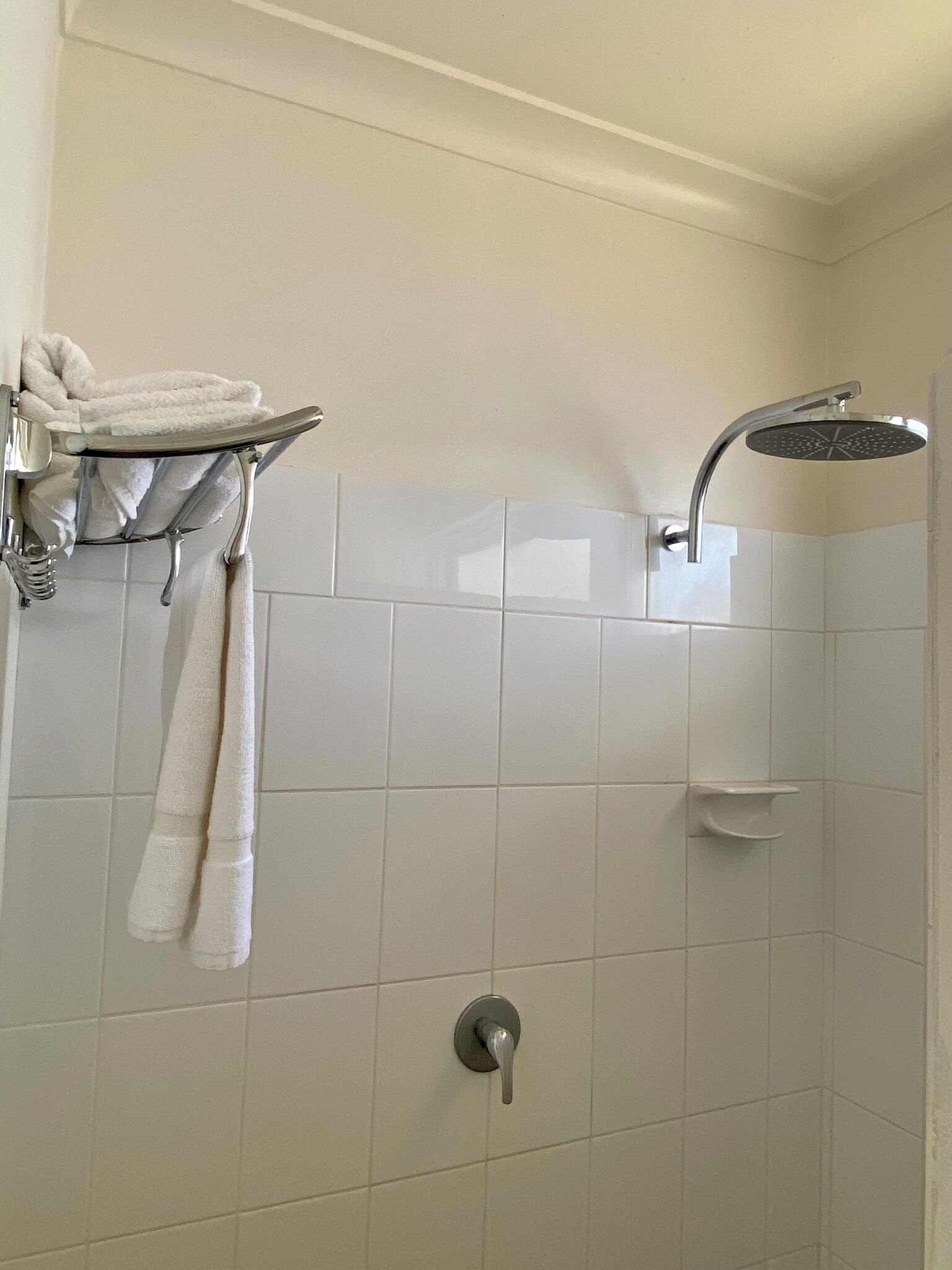 A bathroom with white tiled walls, a shower with a handheld showerhead, and a towel rack with two towels.