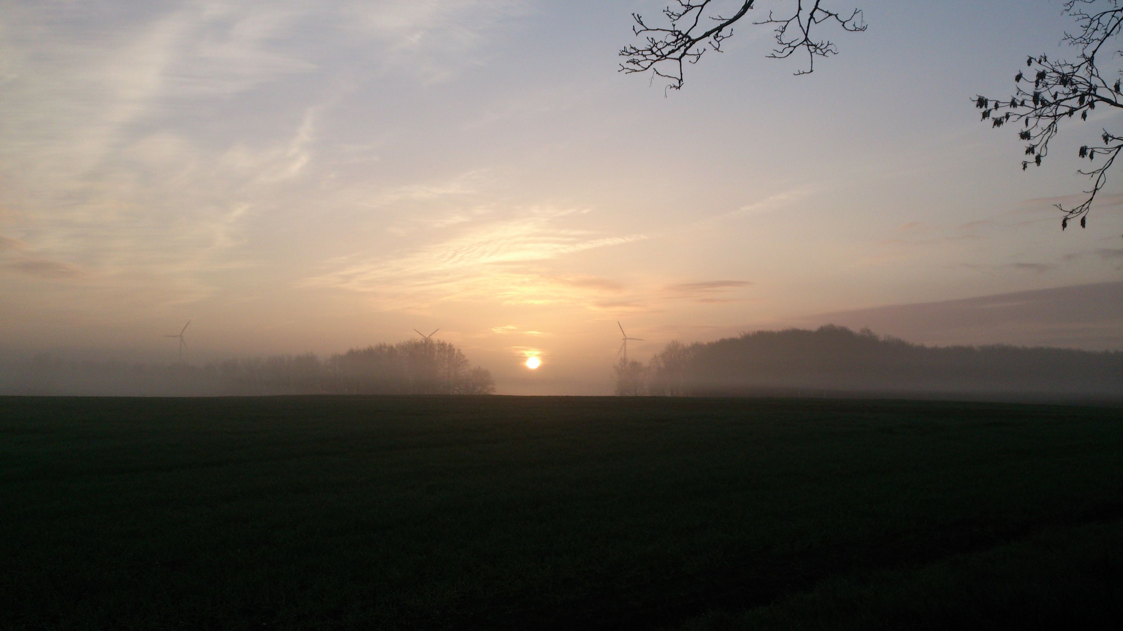 A flat landscape with a clear horizon and a setting sun.