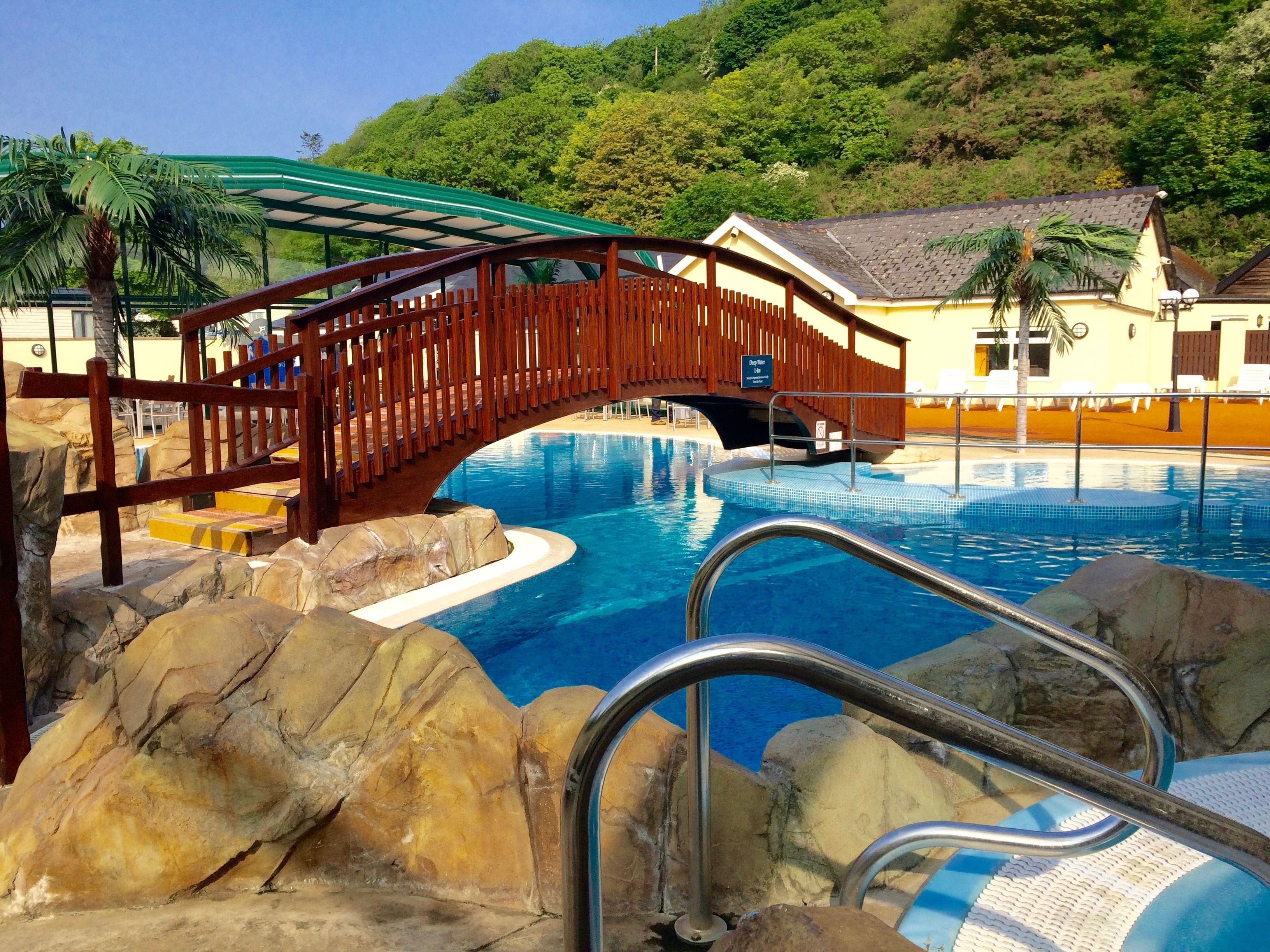 A swimming pool with a wooden bridge, surrounded by rocks and palm trees.