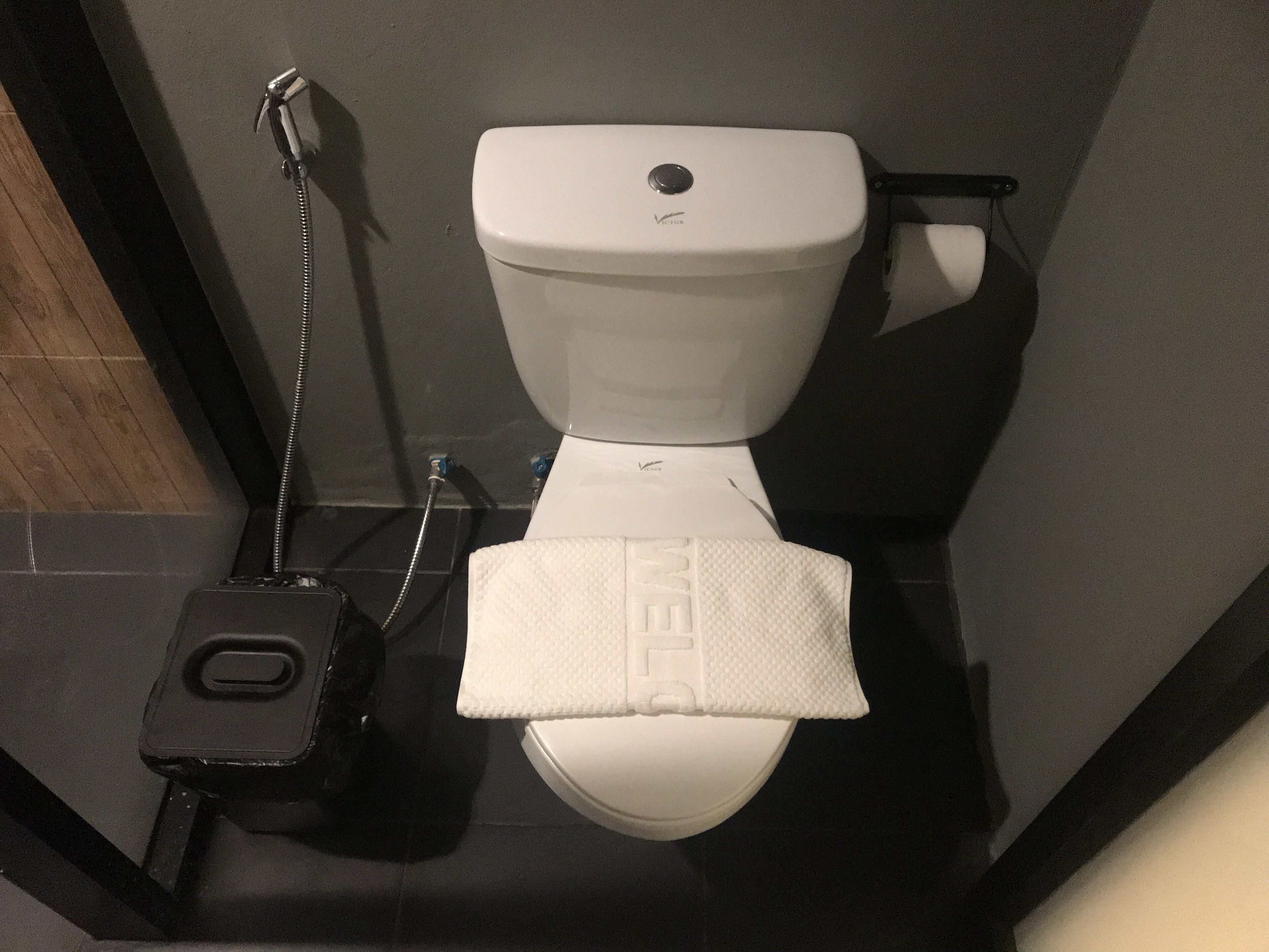 A toilet with a paper towel holder and a toilet paper roll.