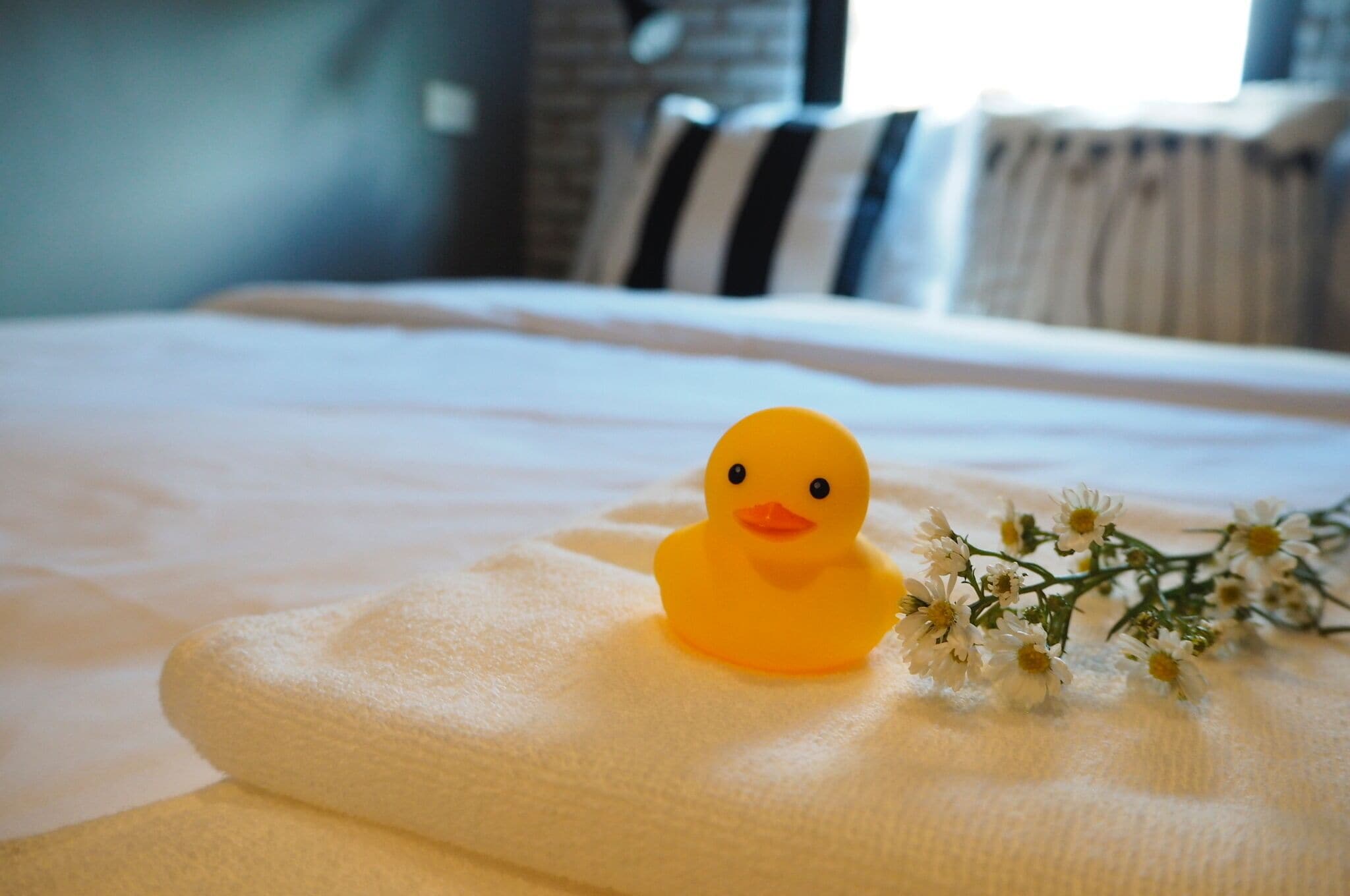 Una cama con edredón blanco, un patito de goma amarillo y una rama de flores blancas.