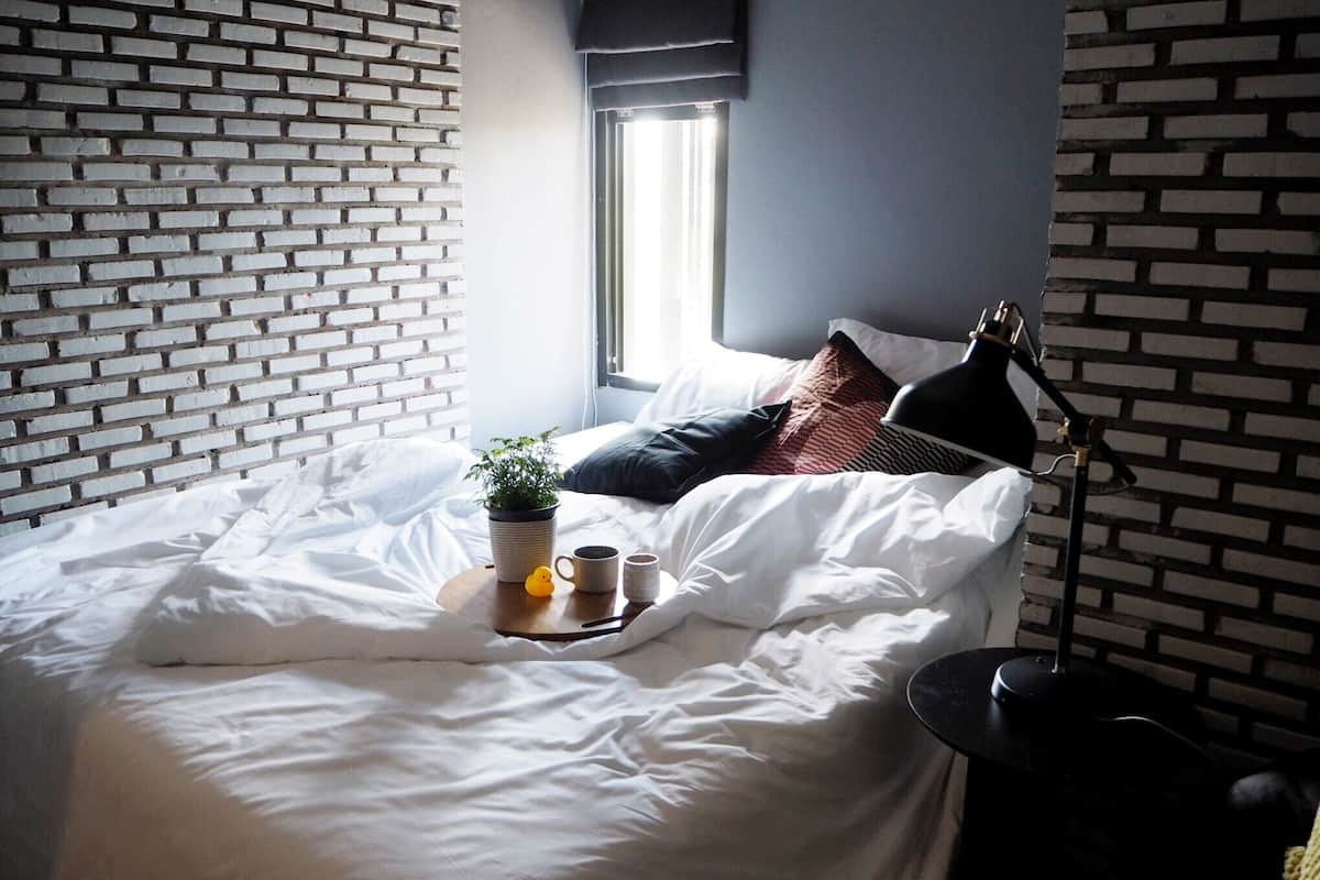 Una cama bien tendida con sábanas blancas, una planta en maceta, una taza y una jarra sobre una bandeja.