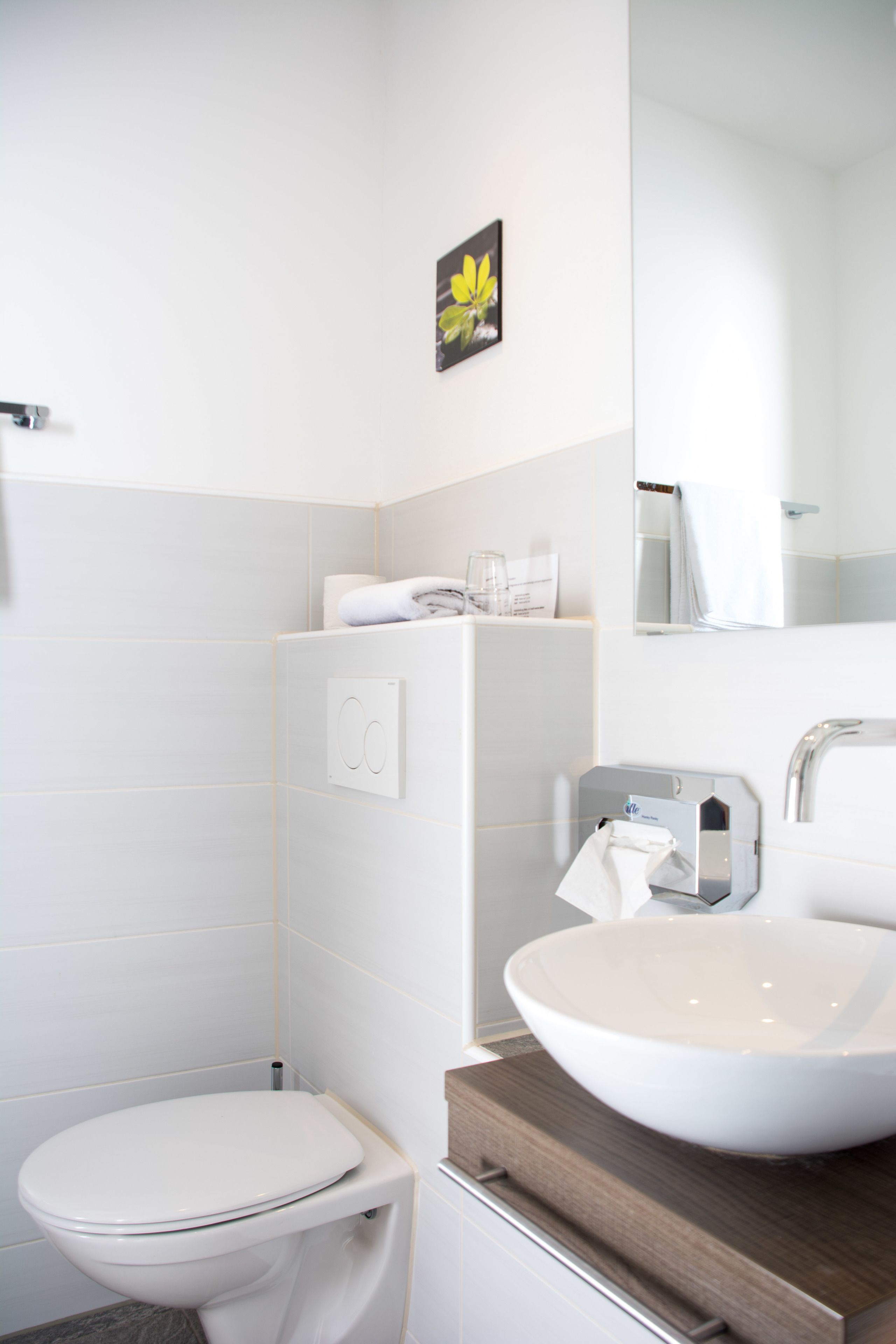 A modern bathroom with a white toilet, a large mirror, and a white sink on a wooden countertop.