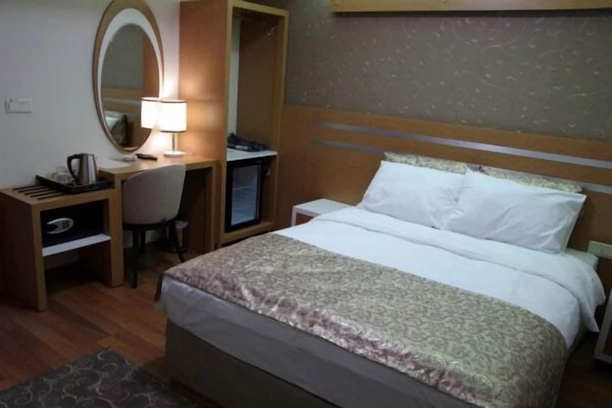 A hotel room with a bed, a desk with a chair, a television, and a mirror.