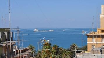 A coastal view with a ship in the distance, buildings with antennas, and palm trees.