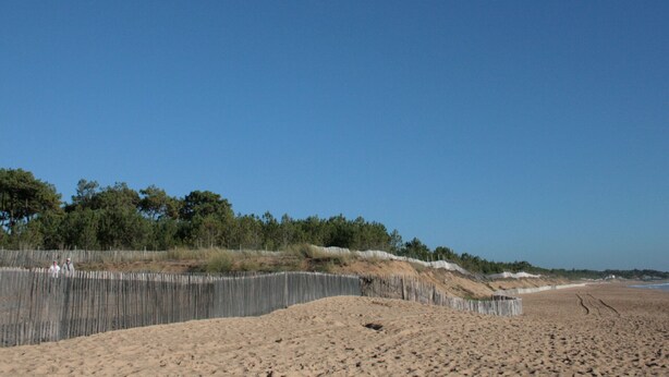 A sandy beach with a wooden fence and trees in the background. - Cozy Vacation Home Near Beach with Private Garden and Parking (La Tranche-sur-Mer)