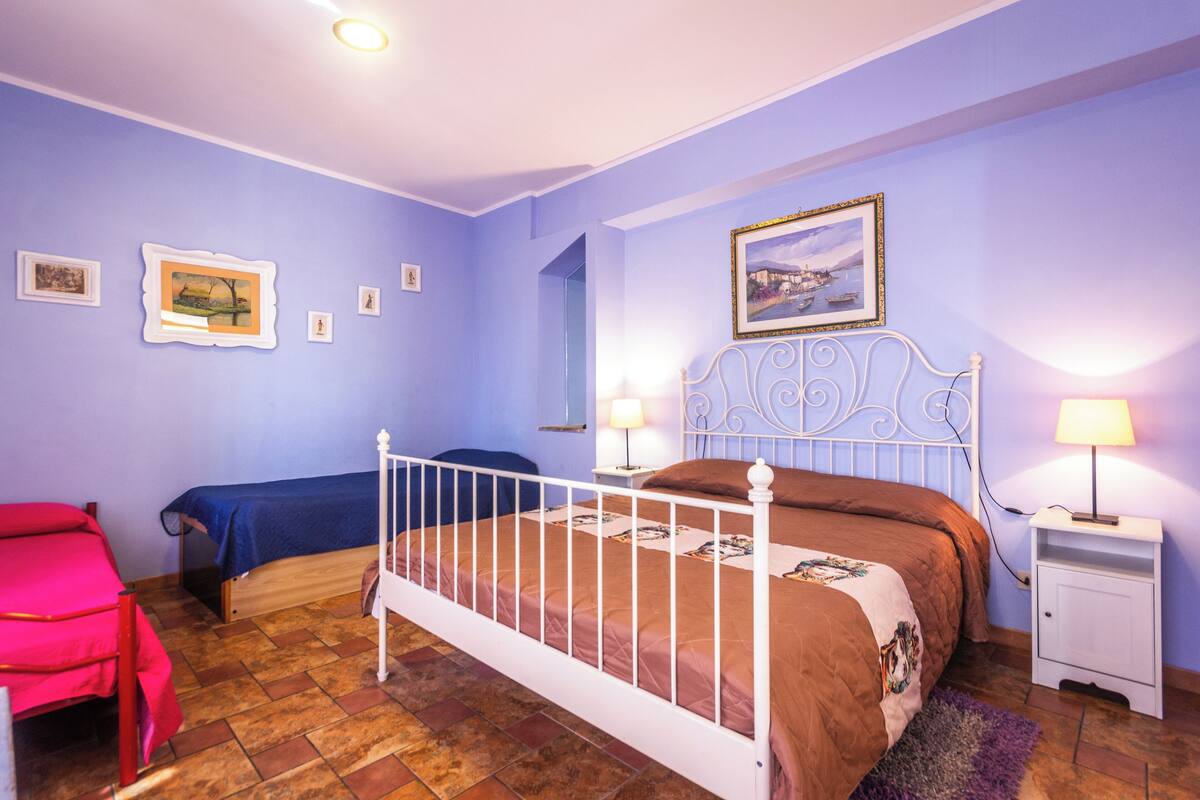 A bedroom with a white metal bed frame, a blue wall, and a wooden floor. There are two bedside tables with lamps.