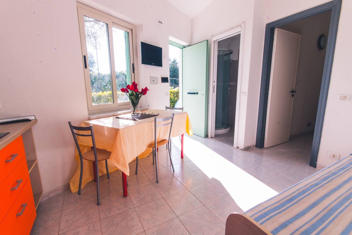 A room with a dining table, chairs, a TV on the wall, and a window with a view of greenery.