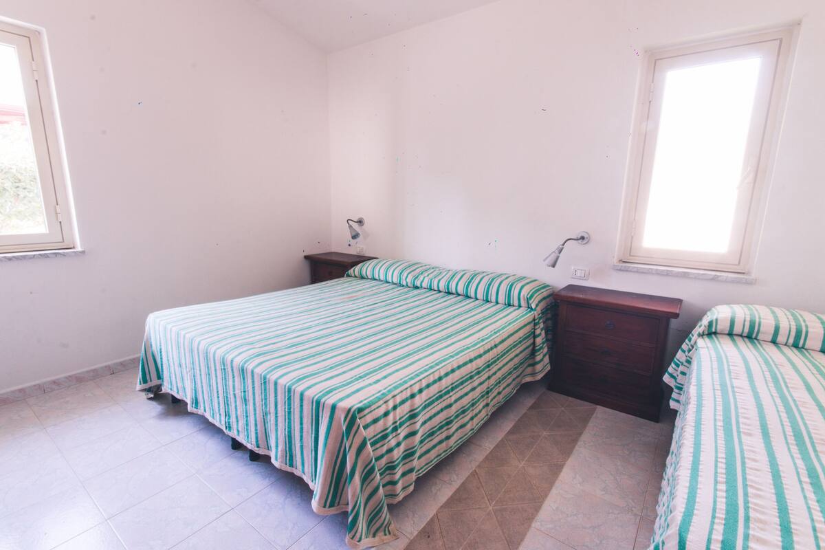 A bedroom with a bed, a nightstand, a dresser, and two windows.