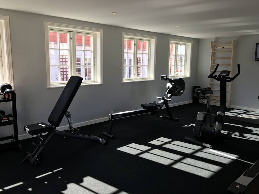 A gym with exercise equipment, large windows, and a black carpet.