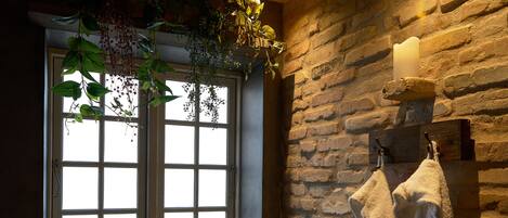 Una habitación con un ventanal grande, una planta colgante, un muro de piedra y una toalla blanca colgada de un gancho.