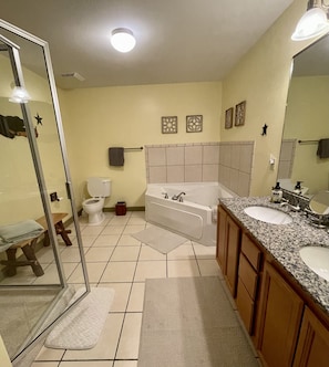 Shower, jetted bath, hair dryer, towels