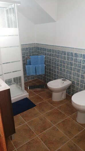 Ein Badezimmer mit Dusche, Bidet und Toilette.