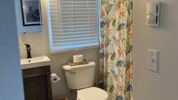 Een bad/douchecombinatie, een haardroger