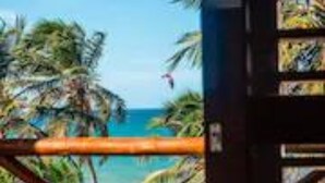 A view from a room with a thatched roof, overlooking a beach with palm trees and the sea. - Duro Beach Hotel (Caucaia)