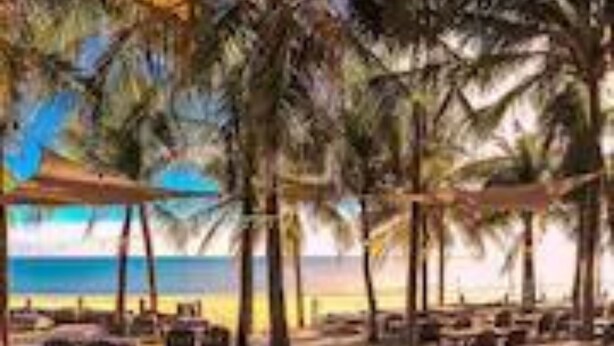 A beachside restaurant with outdoor seating, palm trees, and a view of the ocean. - Duro Beach Hotel (Caucaia)