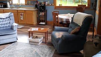 Älytelevisio, takka, DVD-soitin, kirjoja