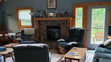 Älytelevisio, takka, DVD-soitin, kirjoja