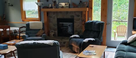 Smart TV, fireplace, DVD player, books