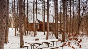 A cabin surrounded by tall trees in a snowy forest.