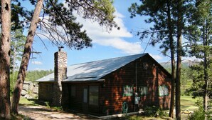 A rustic log cabin with a stone chimney, surrounded by trees and a clear sky.