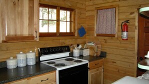 A wooden cabin kitchen with a stove, cabinets, and a fire extinguisher.