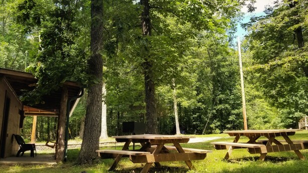 A picnic area with wooden tables and benches, surrounded by trees and a stone wall. - The 87Getaway Cabin #1 (Mountain View)