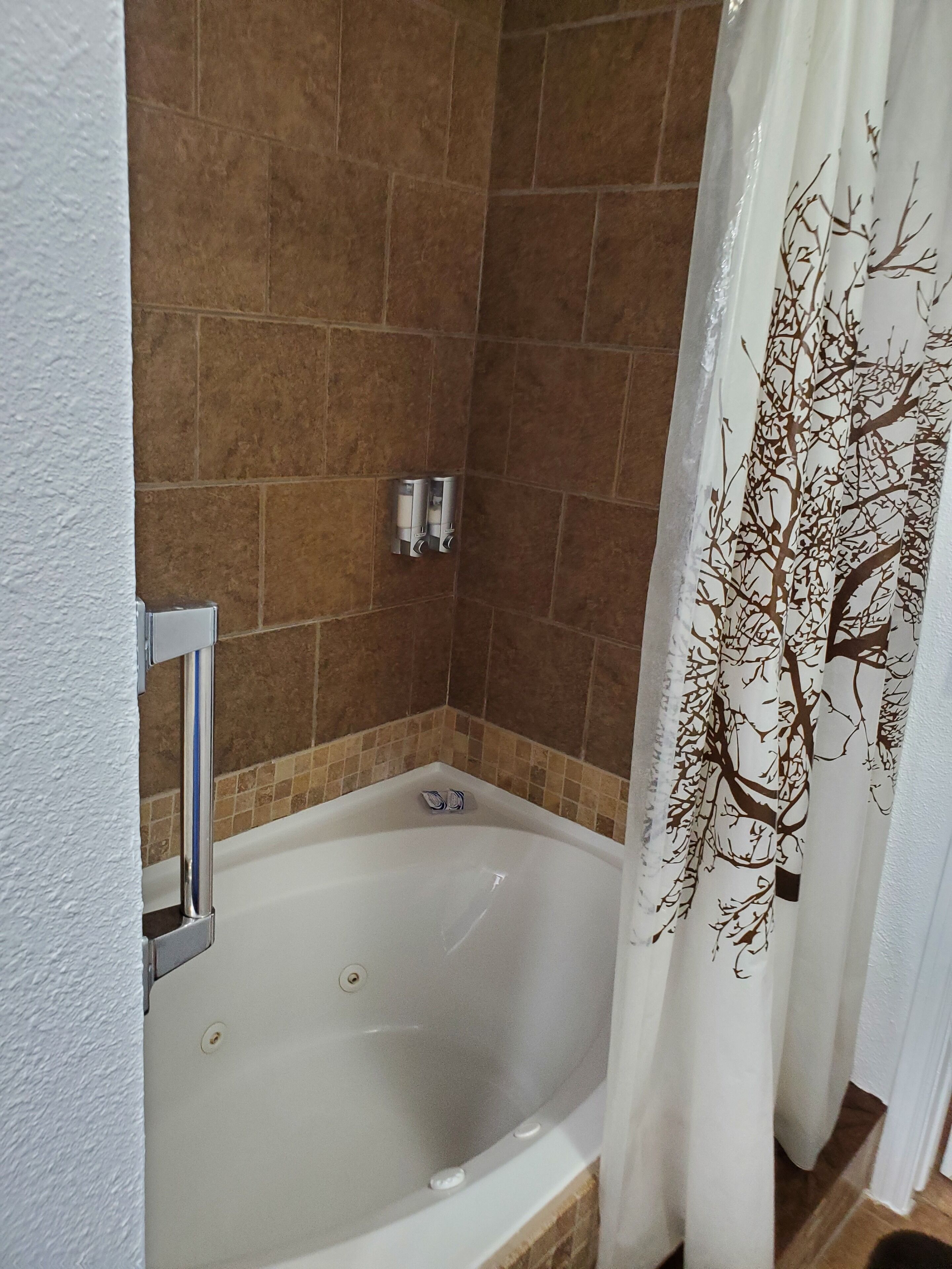 Combined shower/tub, hair dryer, towels, soap