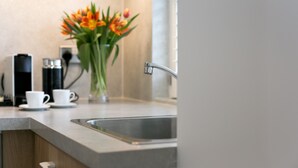 A modern kitchen with a stainless steel sink, a coffee machine, and a vase with flowers. - Drayton (London)