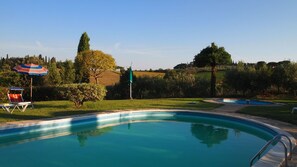 Seasonal outdoor pool, open 9:00 AM to 8:00 PM, pool umbrellas